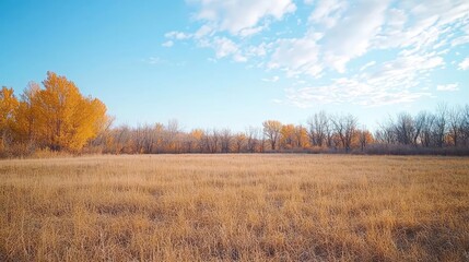 Obraz premium Golden autumn meadow, trees, blue sky; peaceful nature scene, ideal for travel brochures