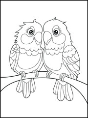 Illustration of cute birds cartoon characters. Black and white Printable bird coloring page for kids.
