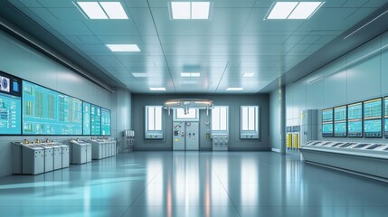 A modern power station control room showcasing SCADA system interfaces on multiple displays.