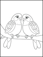 Illustration of cute birds cartoon characters. Black and white Printable bird coloring page for kids.
