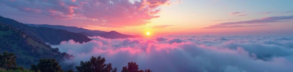 Fototapeta premium Iridescent rainbow hues dance across a misty morning sky, dreamy, misty, morning