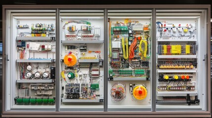 A neat wiring configuration inside a PLC cabinet with vibrant cables and connectors.