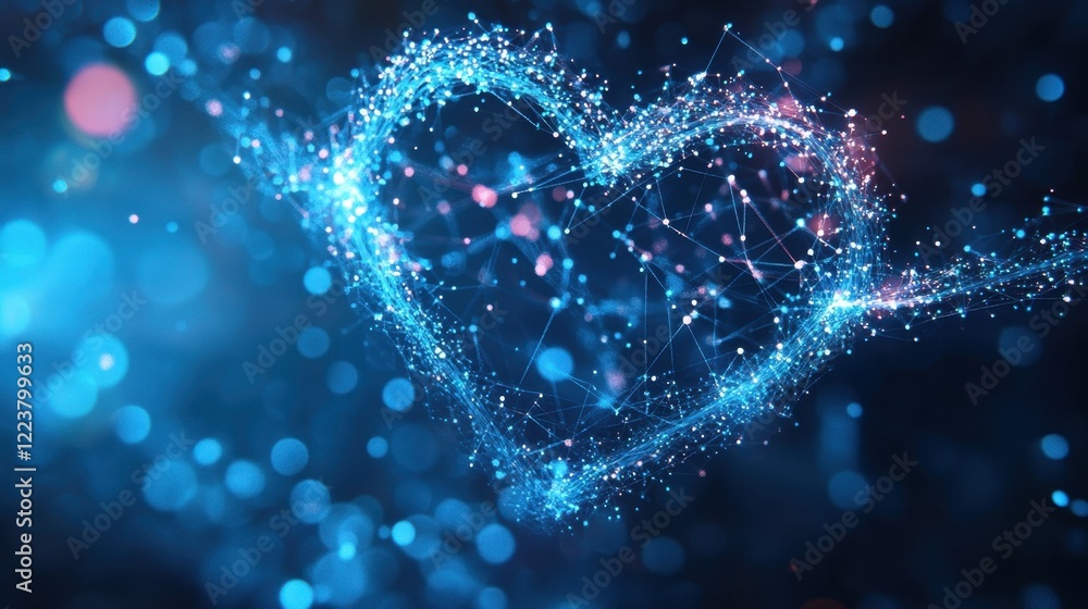 Poster bright blue heart shape made of connected dots and lines is floating on a dark blue bokeh background