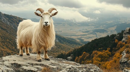 Fototapeta premium Mountain goat standing on a rocky outcrop with a breathtaking view of the valley and autumn foliage in the background