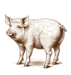 Fototapeta premium pig with its back to the camera, hand-drawn style, vector illustration, simple lines, white background