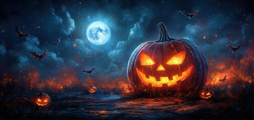 Fototapeta premium Halloween Banners with Pumpkin and Bat Vintage Illustration