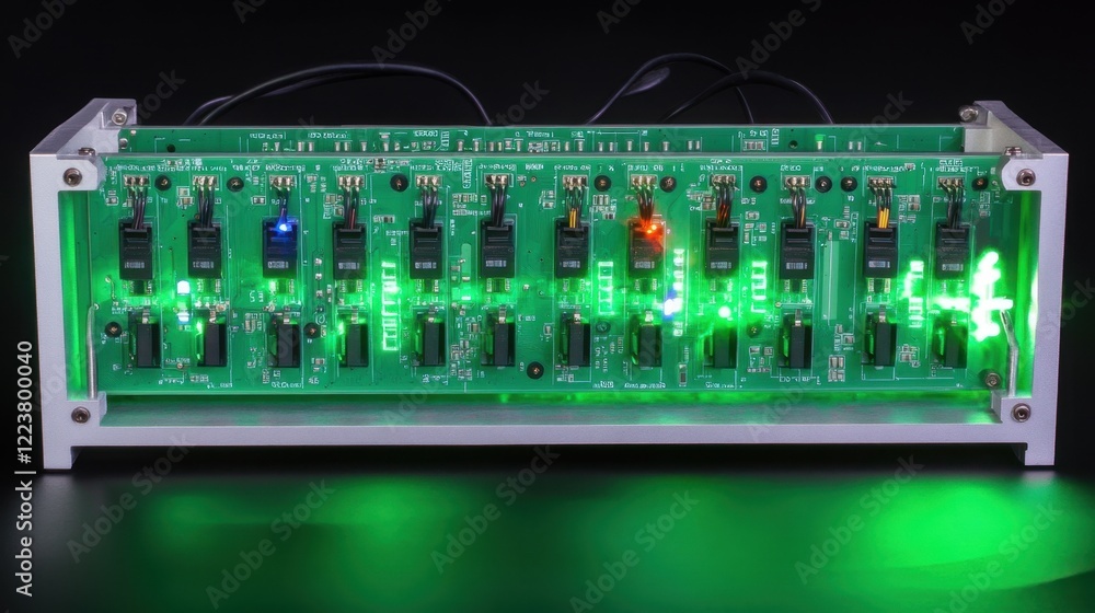 Poster a servo motor controller board with clear connections and diagnostic lights.
