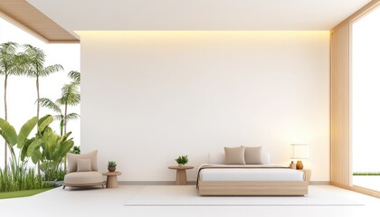 Modern minimalist bedroom with natural light, indoor plants, and serene outdoor view