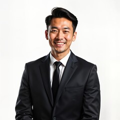 Confident young businessman smiles in formal suit. Pro head shot. Isolated white background. Man appears happy, successful. Ready for work. Corporate portrait. Executive image. Business photo. Formal