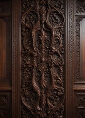 Dark wood paneling with intricate carvings and aged patina, darkwood,  woodgrain,  antique
