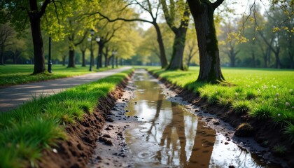 Flooded park path after spring storm. Waterlogged soil reflects trees, sky. Poor drainage system caused puddle. Maintenance needed for irrigation, drainage. Rich green grass borders water. Trees line