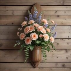 Fototapeta premium Delicate artificial flowers in a vintage-inspired arrangement on a wall with distressed wood accents, floral pattern, home interior