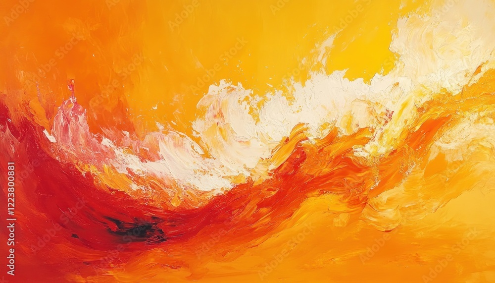 Poster vibrant abstract expressionism with warm orange and yellow gradient background and fluid swirling fo