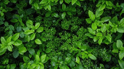 Lush green foliage, overhead view, natural background, nature texture