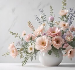 Delicate floral arrangement with soft pastel hues on a white background ,  minimalist,  floral,  greenery