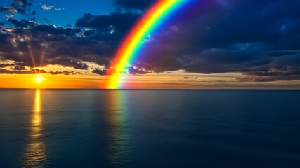 Vibrant sunset over calm ocean with a rainbow arching across the sky, evoking tranquility - Powered by Adobe