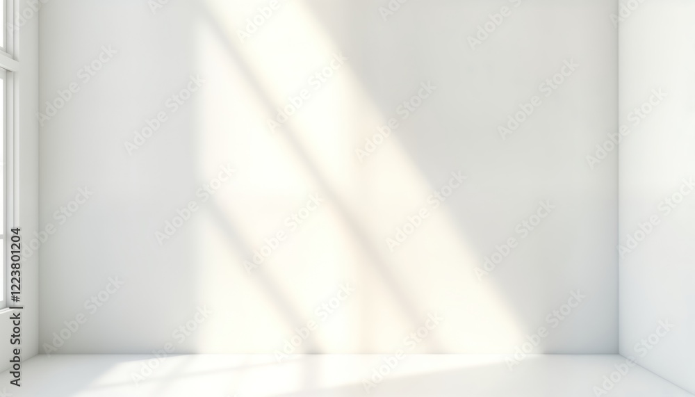 Poster Empty room with soft light shadows from window. Simple, minimalist studio setting. Suitable for product presentations, graphic design, website layouts. Blank space offers creative flexibility for