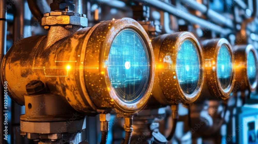 Poster iot in energy efficiency shown with smart meters and glowing analytics.