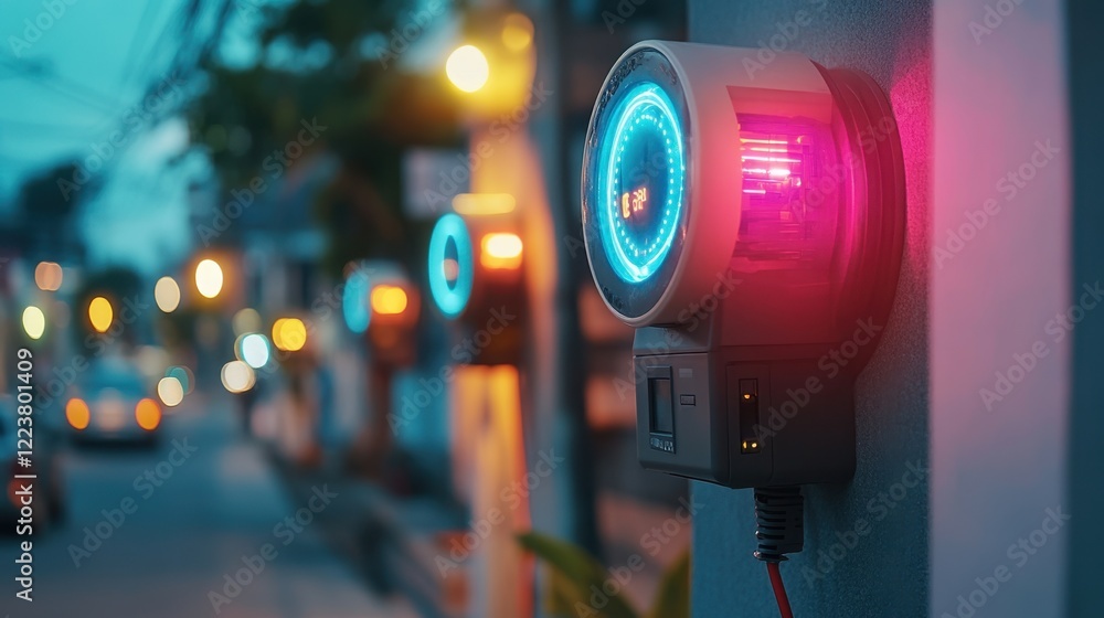 Poster iot in energy efficiency shown with smart meters and glowing analytics.