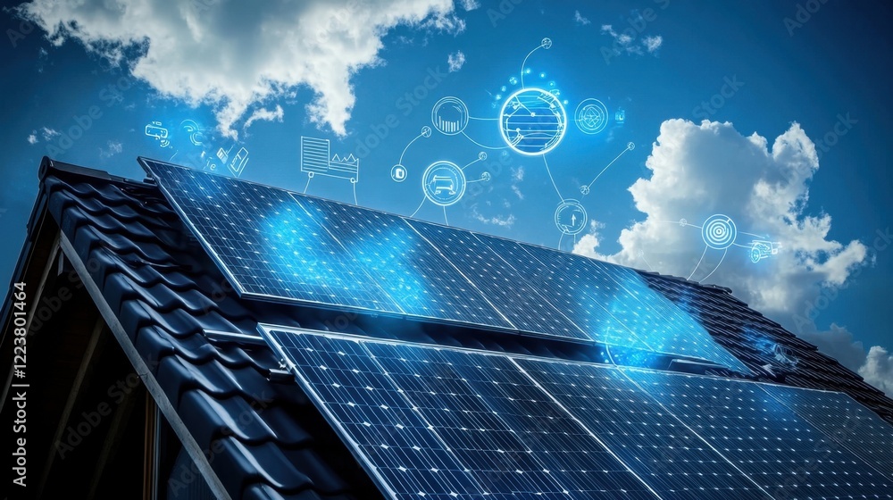 Poster iot in energy management represented with interconnected smart solar panels.