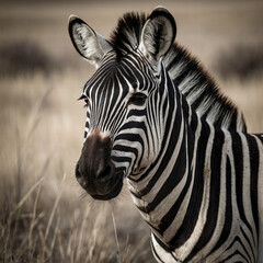 Naklejka premium A majestic zebra, its striking black and white stripes contrasting beautifully against a soft, creamy background, gazing directly into the lens with intense, soulful eyes