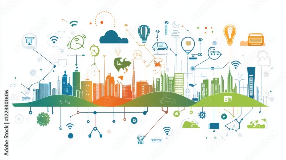 Poster iot in transportation shown as a connected grid of smart vehicles and sensors.