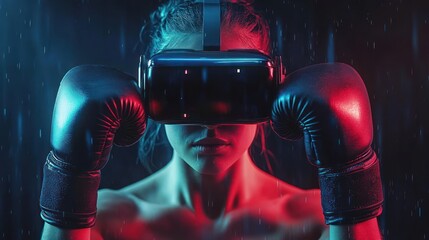 Virtual Reality Boxer in Neon Lights, Female Fighter with VR Glasses and Red Gloves in an Energetic Digital Arena