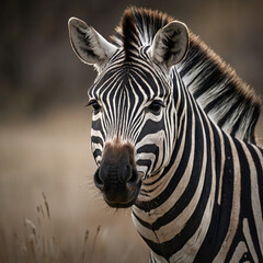 Fototapeta premium A majestic zebra, its striking black and white stripes contrasting beautifully against a soft, creamy background, gazing directly into the lens with intense, soulful eyes