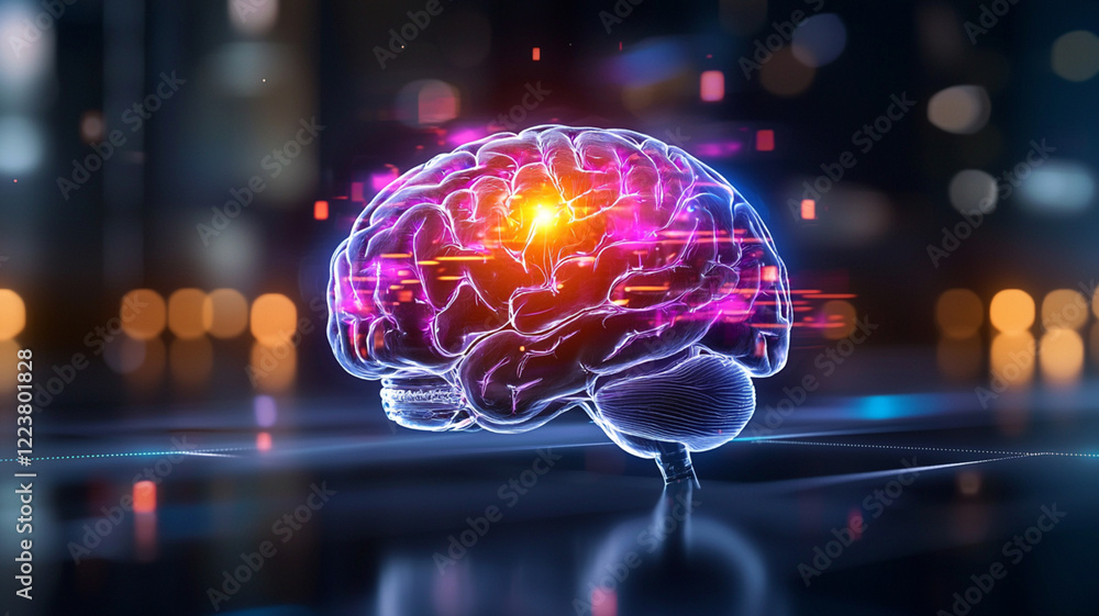 Poster ai generates futuristic brain visualization in urban environment for technology and science insights