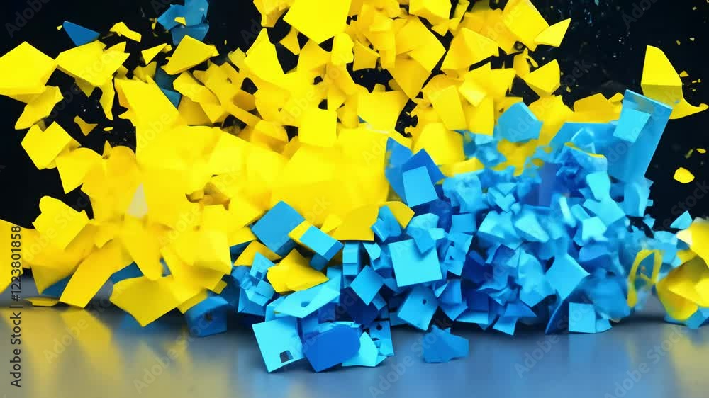 Poster Timelapse video captures the exploding and reforming geometric shapes in bright yellow and dark blue, the shapes shatter and then rebuild in new configurations