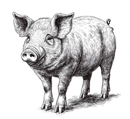  pig with its back to the camera, hand-drawn style, vector illustration, simple lines, white background