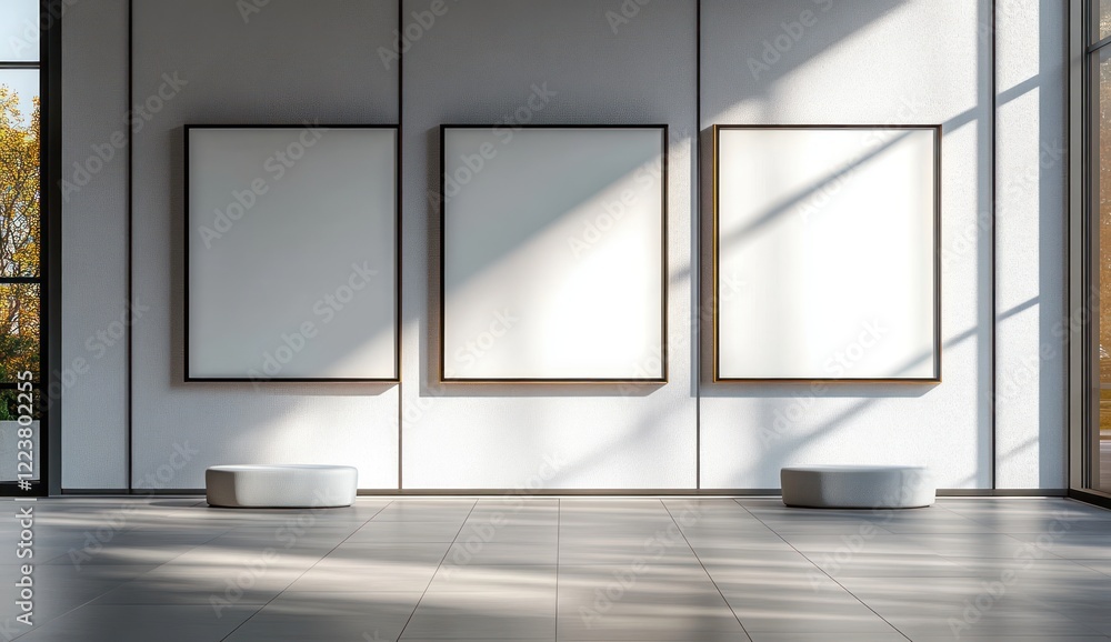 Poster minimalist art gallery interior with empty picture frames and dynamic shadows from sunlight