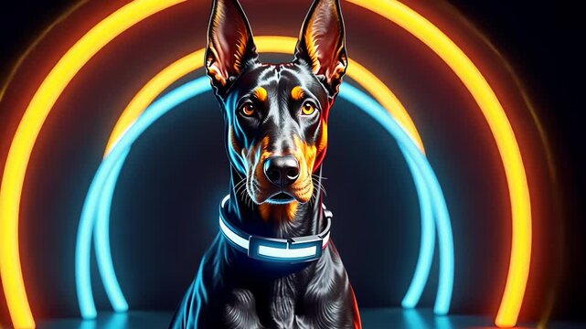 Illuminated doberman walks through neon tunnel with futuristic collar