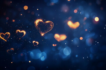 Floating glowing hearts with golden sparkles on a dark blue background. A soft, blurred effect adds a romantic touch, perfect for Valentine&rsquo;s Day or festive designs.


