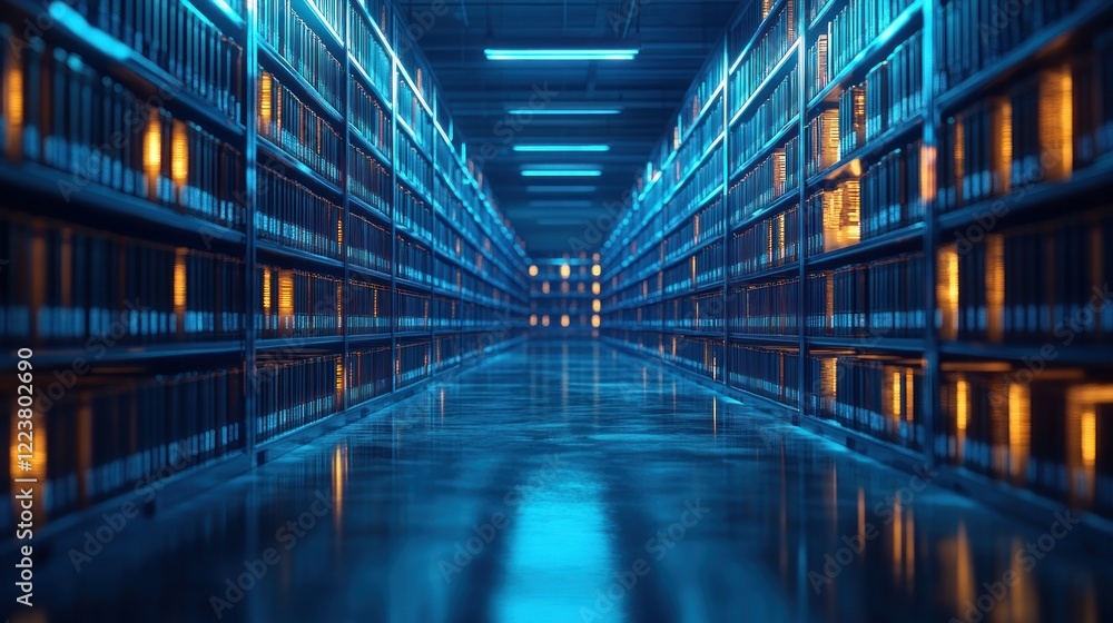 Poster futuristic data storage room with holographic files and ai document analysis