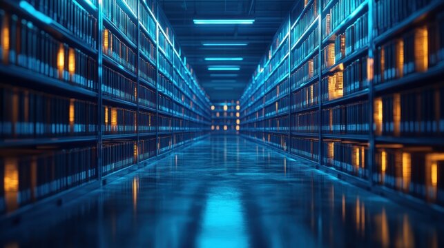 Futuristic Data Storage Room with Holographic Files and AI Document Analysis