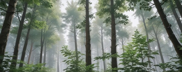 Fototapeta premium Dense forest of tall trees with large green leaves against a snowy white background , forests, trees, winter