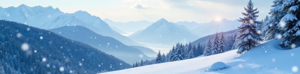 Obraz premium Snowflakes gently falling on a serene mountain landscape, cold climate, peaceful