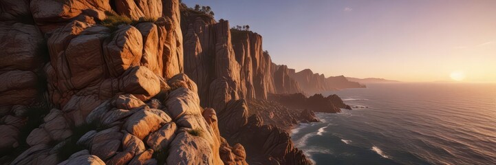 Descriptive texture of a sunset on a rocky cliffside,  scenic view,  earthy tones,  natural beauty