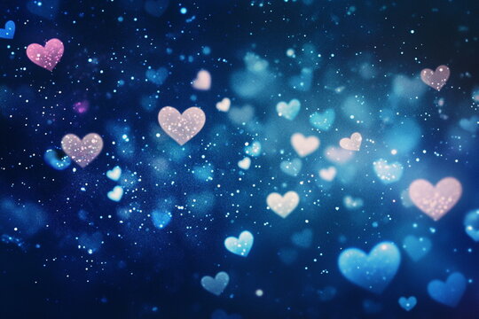 Fototapeta Floating glowing hearts with golden sparkles on a dark blue background. A soft, blurred effect adds a romantic touch, perfect for Valentine’s Day or festive designs.  