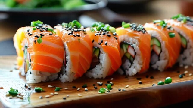 Fresh sushi roll with salmon and sesame seeds on wooden board in kitchen setting