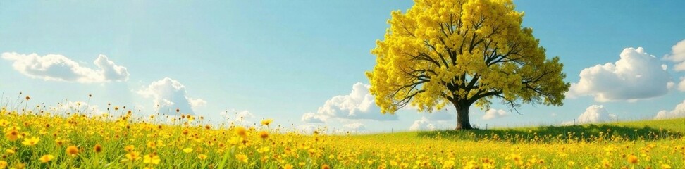 Obraz premium Pollen-covered tree in a sunny meadow, flower, outdoor, natural