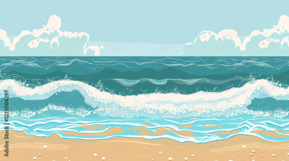 Poster serene beach scene featuring gentle waves lapping at shore, with soft clouds in clear blue sky. sand