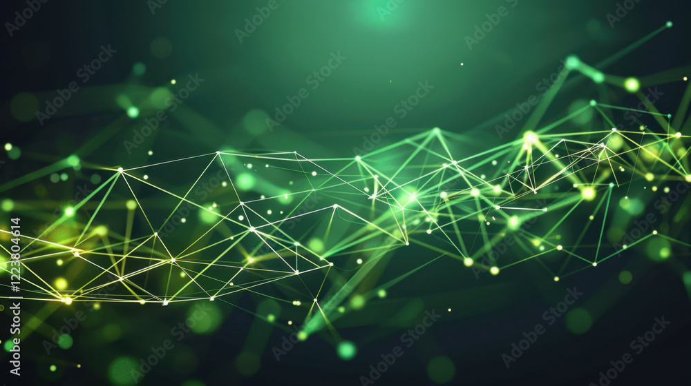Poster abstract green digital background with glowing lines and dots, representing technology and connectiv