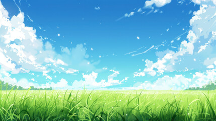 Obraz premium vibrant landscape featuring lush green grass under bright blue sky with fluffy white clouds. scene evokes sense of tranquility and natural beauty