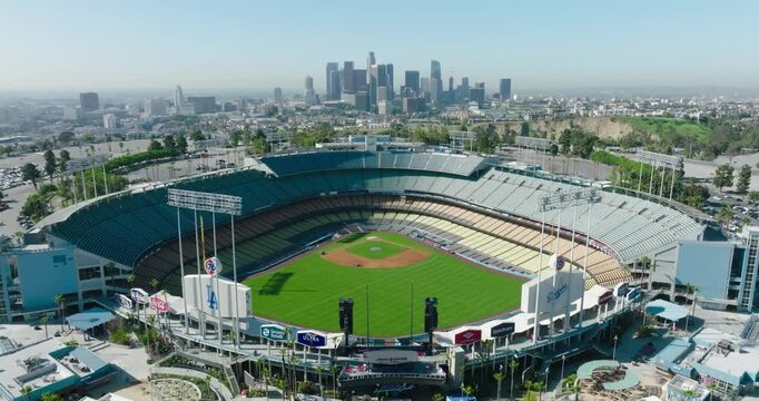 Dodger Stadium Los Angeles aerial view of stadium with downtown Los Angles in background