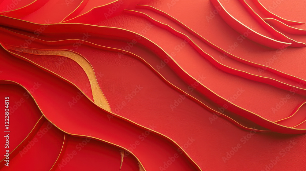 Poster abstract red waves with golden edges create dynamic and vibrant texture, evoking sense of movement a
