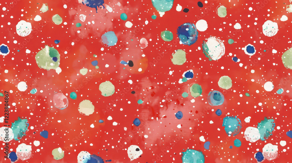 Poster bright red background with colorful abstract dots and splashes, creating playful and vibrant pattern