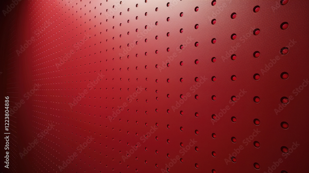 Poster red textured wall with circular perforations creating modern design aesthetic. vibrant color and uni
