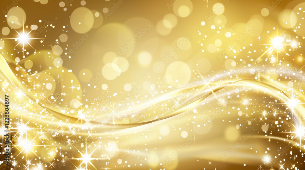 Poster golden background with sparkling lights and shimmering waves, creating festive and elegant atmospher